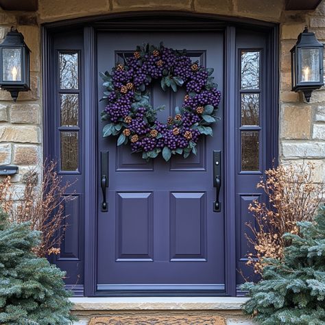 Purple Christmas Decor Ideas - Purple Front Door Colors, Purple Christmas Decor, Purple Front Door, White House Black Trim, Front Door Accessories, Purple Front Doors, Christmas Color Palette, Purple Door, Fall Porch Decor