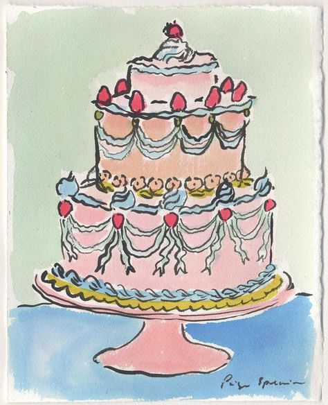 Paige Smith Spearin (@paigespearinstudio) • Instagram photos and videos Paige Smith, Cake Drawing, Cake Illustration, Birthday Card Drawing, Watercolor Cake, Ink And Watercolor, Arches Paper, Painted Cakes, Card Drawing