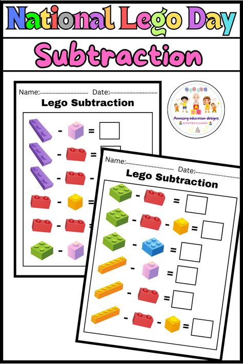 What’s included ?  Activities Lego Subtraction National Lego Day worksheet in PDF  Size : 8.5 × 11 in ·pages : 6 Lego Math Games, Lego Math, Math Night, Lego Theme, Math Games, Drills, Say Goodbye, Math Activities, Free Games