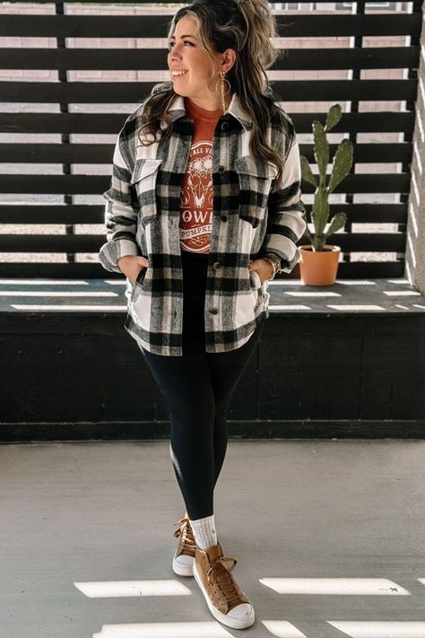 Plaid Shacket with Faux Leather Pants Stay Home Outfits, Cozy Winter Outfit, Jeans And Combat Boots, Shacket Outfit, Cozy Fall Vibes, Flannel Shacket, Reef Shoes, Winter Outfit Ideas, Crisp Autumn