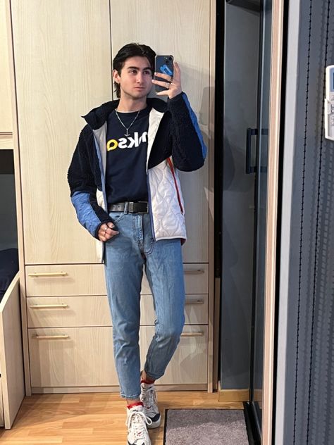 Jumper - Printing Dome • Jeans - Asos Brand • Jacket - Nike • Shoes - Nike Blazers • Belt - Armani Exchange Nike Denim Jacket, Blue Nike Nylon Outerwear, Nike Blazer, Armani Exchange, Nike Shoes, Jumper, Asos, Blazer, Nike