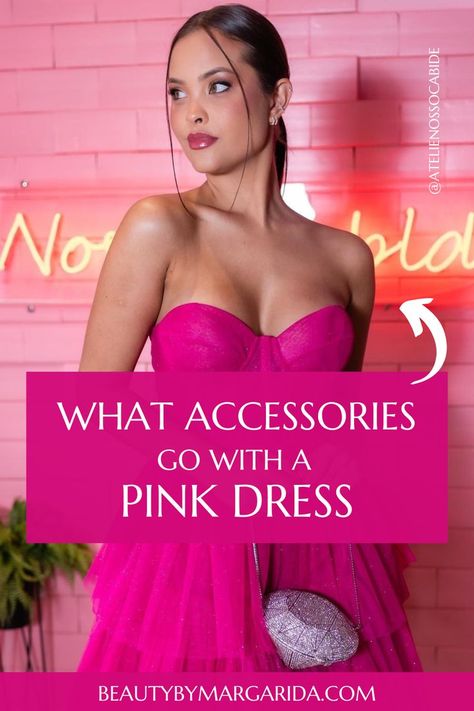 Looking for ideas on how to accessorize your pink dress? Look no further! Our guide has got you covered with tips on the best jewelry, shoes, purse, and nail polish to pair with your pink dress. Dress: Ateliê Nosso Cabide Fuscia Dress Accessories, What Accessories To Wear With Pink Dress, Pink Dress Gold Accessories, Hot Pink Dress Accessories Color Combos, Jewelry Accessories For Pink Dress, Accessories With Pink Dress, Make Up For Fuschia Dress, Styling A Pink Dress, Jewelry For Hot Pink Dress