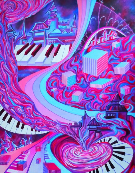 Trippy Music Painting, Surreal Music Art, Trippy Music Art, Purple Surrealism, Dream Singing, Music Zine, World Art Painting, Trippy Music, Igcse Art