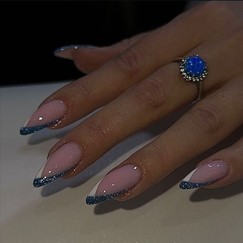 Silver And Navy Nails, Blue Glitter French Tip Nails, Cobalt Blue Nails Designs, Cobalt Blue Nails, Blue And Silver Nails, Hoco Nails, Silver Nail Designs, Spring Break Nails, Glitter French Tips