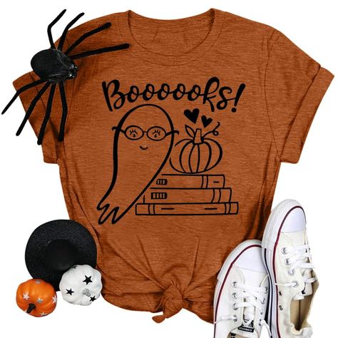 PRICES MAY VARY. MATERIAL: Soft fabric ,cotton blend, lightweight, breathable and stretch fabric, very comfy fit wear. FEATURE: This Halloween booooks funny letter prints, classic round neck, fall short sleeves, definitely in unisex sizes. Graphic letter print design, good gift for you to choose, which is the great shirt choice! OCCASION: Dress in Halloween party, school, library, home, vacation, birthday etc. On reading day, you can wear this book t shirt which creates someone a fanatical reade Halloween Shirts For Teachers, Halloween T Shirts Women, Fall Teacher Shirts, Halloween Party School, Halloween Teacher Shirts, Cute Halloween Shirts, Fall Graphic Tees, Halloween Teacher Gifts, Library Home