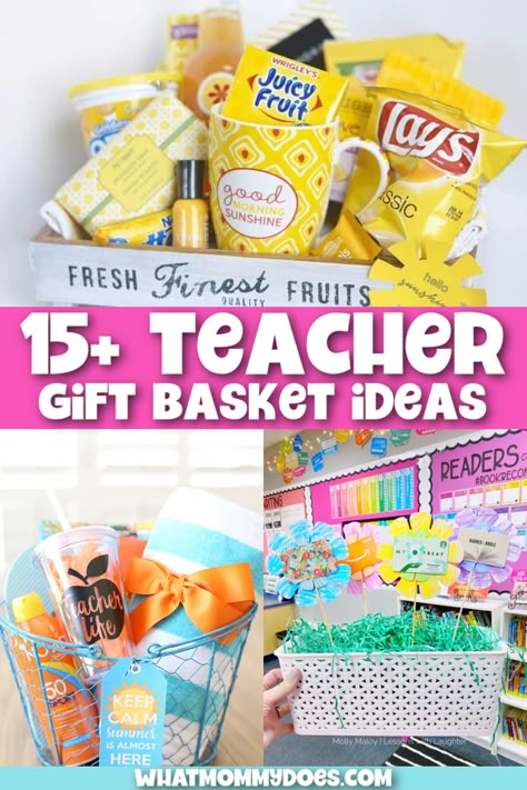 15 Teacher Gift Basket Ideas to Show Your Appreciation - What Mommy Does Teacher Gift Basket Ideas, Teacher Appreciation Gift Baskets, Teacher Gift Basket, Principal Appreciation Gifts, Summer Gift Baskets, Unique Teacher Appreciation Gifts, Teacher Appreciation Diy, Gift Card Bouquet, Teachers Appreciation Week Gifts