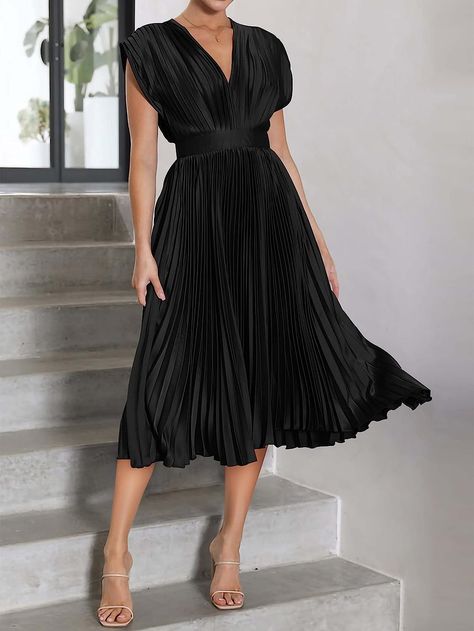 MASCOMODA Elegant Satin V Neck Pleated Midi Dress Short Sleeve Formal High Waisted Flowy Long Summer Dresses for Women 2023 Flowy A-line Pleated Midi Dress, Feminine V-neck Flowy Midi Dress, Elegant Pleated V-neck Midi Dress, Dressy V-neck Pleated Midi Dress, Flowy Pleated V-neck Midi Dress, Long Flowy Dress, Elegant Dresses For Women, Midi Short Sleeve Dress, Formal Dresses For Women