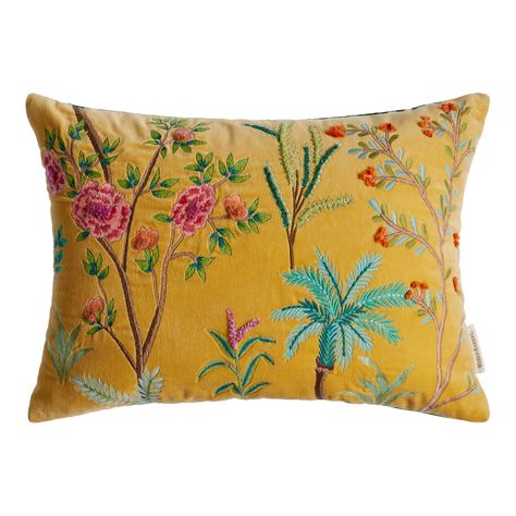 Golden Yellow Velvet Floral Embroidered Lumbar Pillow - World Market Golden Yellow, World Market, Watercolor Drawing, Lumbar Pillow, Decorative Pieces, Velvet, Cushions, Yellow, Throw Pillows