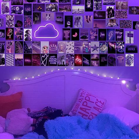 Chill and cosy room is what everybody wants ! Photo wall collage with cute cloud light in the middle will surely give your room aesthetic vibe.  Easy to install and place where anywhere you want 💜 ! Neon Sign Room Decor, Aesthetic Aurora, Bedroom Aesthetic Vintage, Purple Room Decor, Wall Aesthetic, Wall Collage Kit, Purple Rooms, College Essentials, Cloud Lights