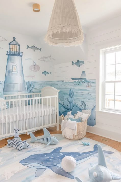 Nature-inspired nursery ideas offer a peaceful and engaging space for your baby. Click to explore more ideas. Modern Beach Nursery, Baby Ocean Nursery, Beach Themed Nursery Boy, Ocean Themed Baby Room, Beach Theme Nursery Boy, Ocean Theme Nursery Boy, Neutral Baby Nursery Themes, Water Themed Nursery, Under The Sea Nursery Boy