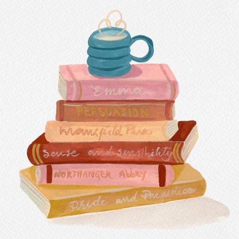 Pile Of Books Illustration, Books Illustration, Pile Of Books, Jane Austen Books, Good Notes, Gouache Painting, Diy Art Painting, Creative Thinking, Jane Austen