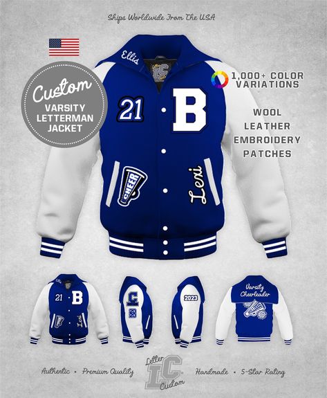 Genuine LetterCustom® Premium Authentic Handmade Letter Jacket Features: * Completely Customized Colors & Designs * Genuine Cowhide Leather Sleeves & Pocket Welts * Pill Resistant 24oz Melton Wool Body * 3/4 Zip-Out Diamond Quilted Liner (Allows For Easily Adding Future Patches) * Premium Quality Knit-Trim Striped Collar & Cuffs * Interior Chest Media Pocket * Choice of Regular Collar or Zipper Hood * Industry Leading Regular Production Time of Approx. 4 Weeks Plus Shipping from Eagl College Letterman Jacket, Letterman’s Jacket Ideas, Letterman Jackets High School, Soccer Letterman Jacket Ideas, Cheerleader Letterman Jacket, Cheerleading Letterman Jackets, Custom Letterman Jacket Ideas, Letter Jacket Patches Placement, Letterman Jacket Patches Placement