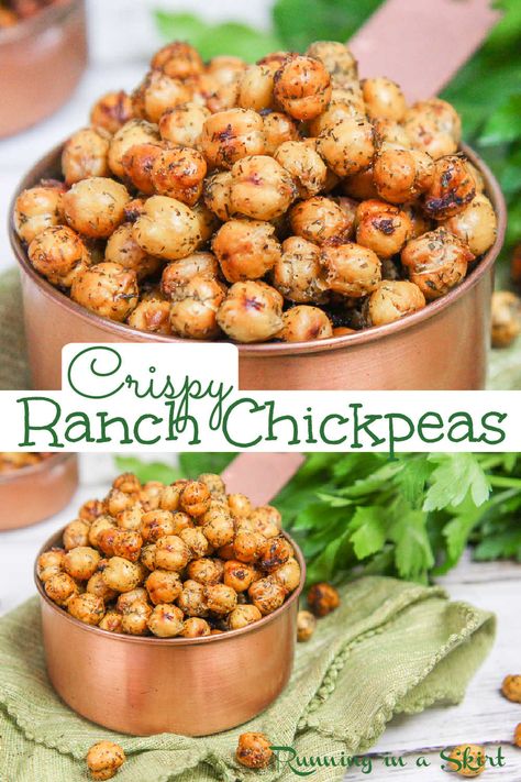 Crispy Healthy Roasted Ranch Chickpeas recipe. The perfect crunchy easy, protein packed healthy snack or use as a salad topper. Friendly for vegans, clean eating and gluten free. / Running in a Skirt Ranch Chickpeas, Chickpea Recipes Healthy, Chickpeas Recipe, Easy Protein, Salad Toppers, Veggie Snacks, Chickpea Recipes, Vegetarian Snacks, Vegetable Side