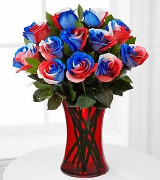 Tie-Dyed Roses in Red, White and Blue or any color of the rainbow. Red And Blue Roses, Flowers Roses Bouquet, Tie Dye Roses, Patriotic Wedding, Rose Flower Arrangements, Rose Wedding Bouquet, Rainbow Roses, Rose Vase, Trendy Flowers