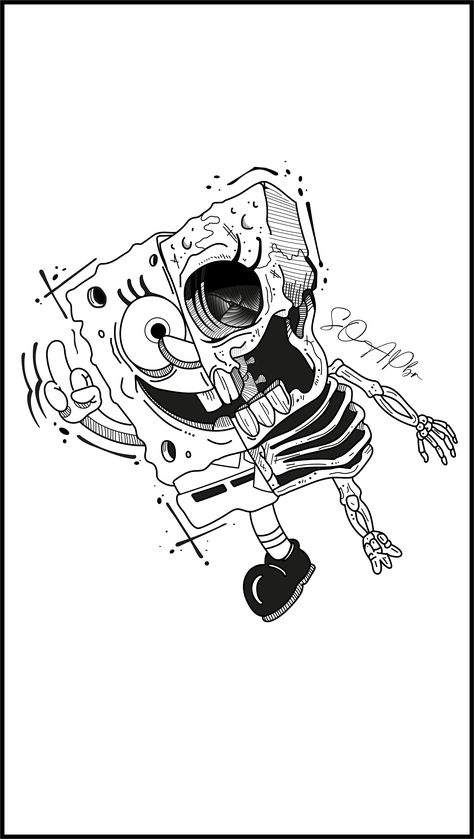 Halloween Spongebob Tattoo, Spongebob Tattoo Design, Spongebob Tattoo Stencil, Spongebob Drawings Art, Line Art Skeleton, Zombie Spongebob, Spongebob Tattoo, Cartoon Tattoo Ideas, Zombie Cartoon