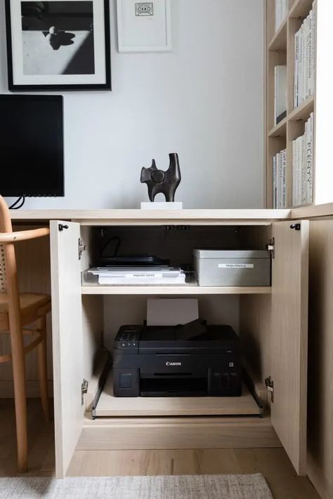 Bookshelf With Printer, Under Desk Organization, Printer Storage Ideas, Desk In Kitchen, Desk Organization Ideas, Printer Storage, Printer Cabinet, Printer Shelf, Office Organization At Work