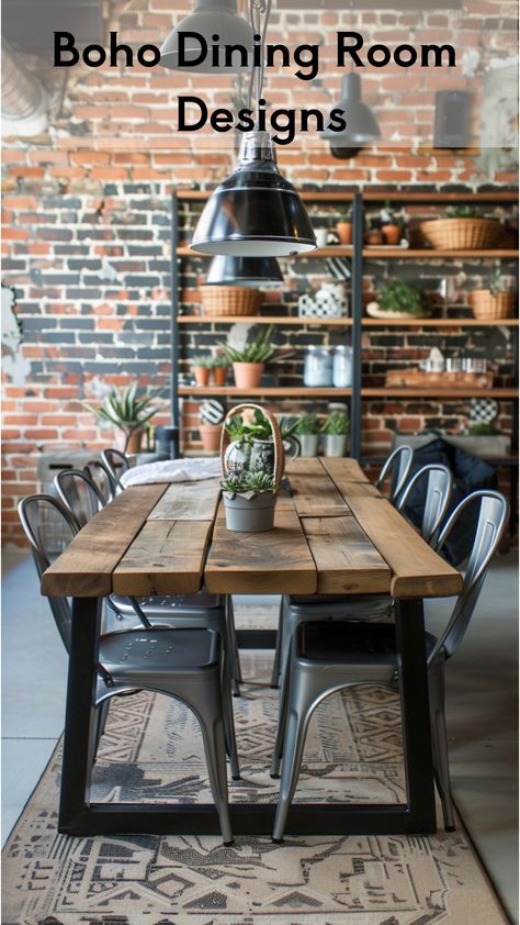 This dining room perfectly blends industrial and boho styles. The raw, exposed brick walls and metal chairs give a nod to industrial design, while the wooden table and eclectic decor pieces soften the space with a boho touch. Dining Table Decor Industrial, Boho Industrial Decor Dining Room, Industrial Farmhouse Kitchen Table And Chairs, Industrial Kitchen Chairs, Farmhouse Dining Room Brick Wall, Industrial Dining Table With Bench, Industrial Style Dining Room, Brick Accent Wall, Mismatched Chairs