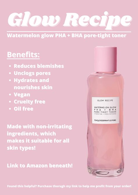 This Glow Recipe Watermelon Glow Toner is sure worth the hype! This product gives a significant reduction in pore size in only two weeks, as well as keeping the skin hydrated. It's made with non-irritating ingredients, making it suitable for everyone. Get yours now through my amazon link! Curious for more products I recommend? Link in bio to them all! Hydrating Face Moisturizer, Pink Juice, Glow Recipe Watermelon, Glow Toner, Watermelon Glow, Skin Care Toner Products, Sephora Skin Care, Exfoliating Toner, Glow Recipe