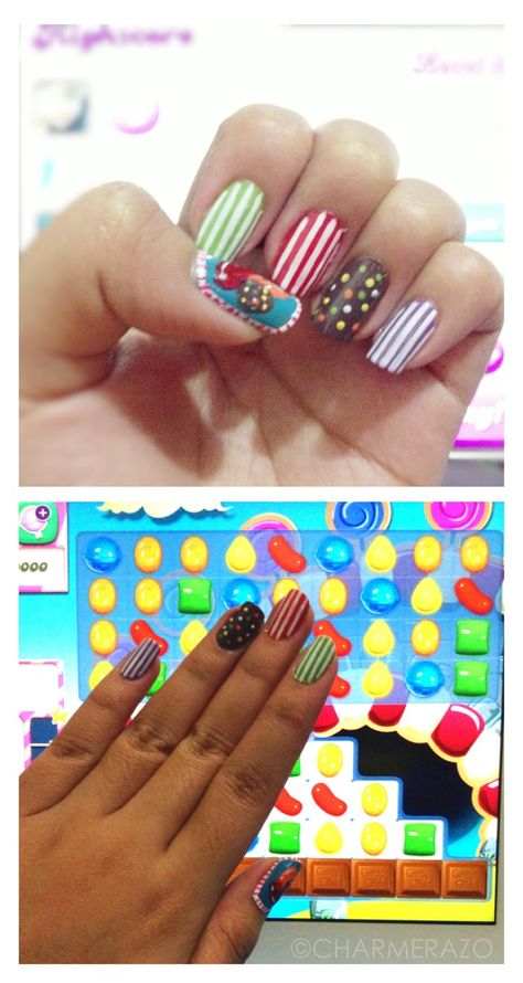 Sweet..Tasty..Delicious..Divine.. SUGAR CRUSHHHH!  Candy Crush Saga inspired nail art by Charm Erazo Crush Obsession, Candy Crush Nails, Candy Games, Candy Crush Saga, Moon Nails, Nail Designs, Nail Art, Candy, Nails