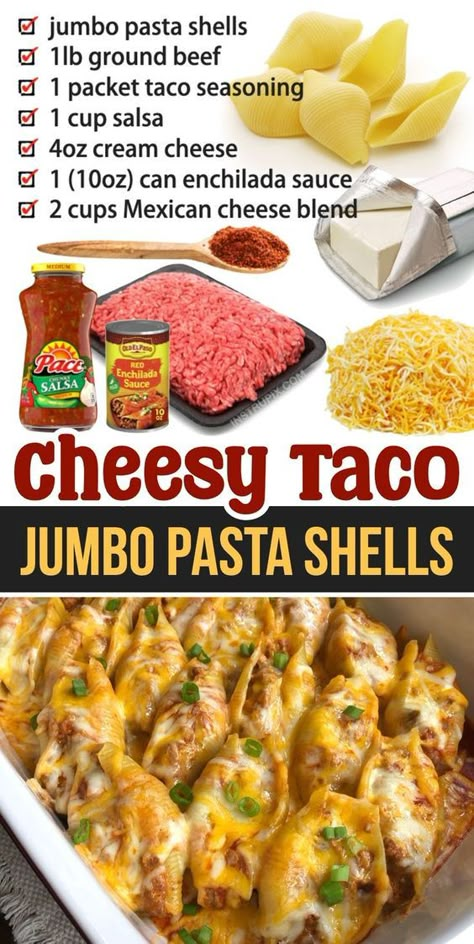 If your family struggles to find dinner ideas that everyone can agree on, this recipe is for you! The kids and adults will be equally pleased. It’s not only delicious, it’s also cheap and easy to make. You can, of course, customize these pasta shells to your own liking, but the main ingredients are simple: pasta shells, ground beef, enchilada sauce, cream cheese, and shredded cheese. Bake, eat, and voila! Everyone is full and happy at dinner time. Beef Enchilada Sauce, Pasta Shells Recipe, Beef Enchilada, Jumbo Pasta Shells, Easy Cheap Dinners, Shells Recipe, Simple Pasta, Fast Dinner, Cheese Bake