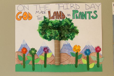 Creation Day 3 Classroom Poster. God made the land and plants. Kids make a smaller version of this for their craft. Land And Plants Creation Craft, God Made Land And Plants Craft, Creation Day 3 Craft Preschool, Day 3 Of Creation Craft, Creation Day 3 Craft, Day 3 Creation Craft, Gods Creation Crafts, Nursery Displays, Creation Activities