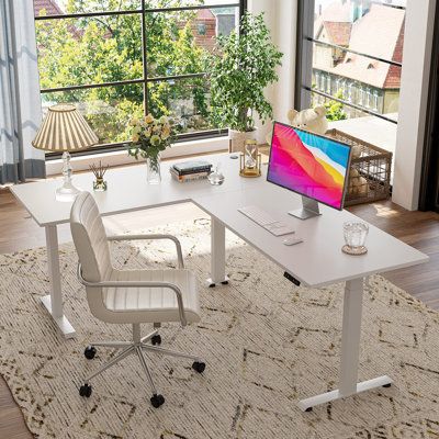 Upgrade your workspace with our modern white L-shaped standing desk featuring triple electric motors and an electric height adjustable design. | Accentuations by Manhattan Comfort Modern Triple Motor L-Shaped Standing Desk Electric Height Adjustable Elegant Workspace 75.0 x 62.99 in | BAFR7733 | Wayfair Canada