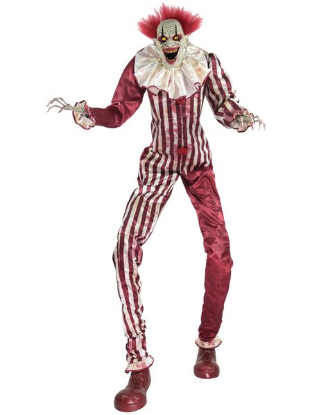 Not to be confused with the 2018 animatronic Towering Sweet Dreams Clown. The Creepy Towering Clown, also known as the Towering Creepy Clown, or "Grimsli the Great," is an animatronic sold by Spirit Halloween for the 2017, 2018, and 2019 Halloween seasons. It resembles a tall psychotic clown dressed in all red. It wears a red and white jumpsuit with two pom-poms, a white and red clown ruffle, and red clown shoes. When activated, the head and body turn as the eyes light up and the mouth moves ... Clown Animatronic, Spirit Halloween Animatronics, Paw Patrol Jungle Rescue, Creepy Clown Makeup, Halloween Spirit Store, Spirit Halloween Costumes, Clown Dress, Halloween Animatronics, Halloween Circus