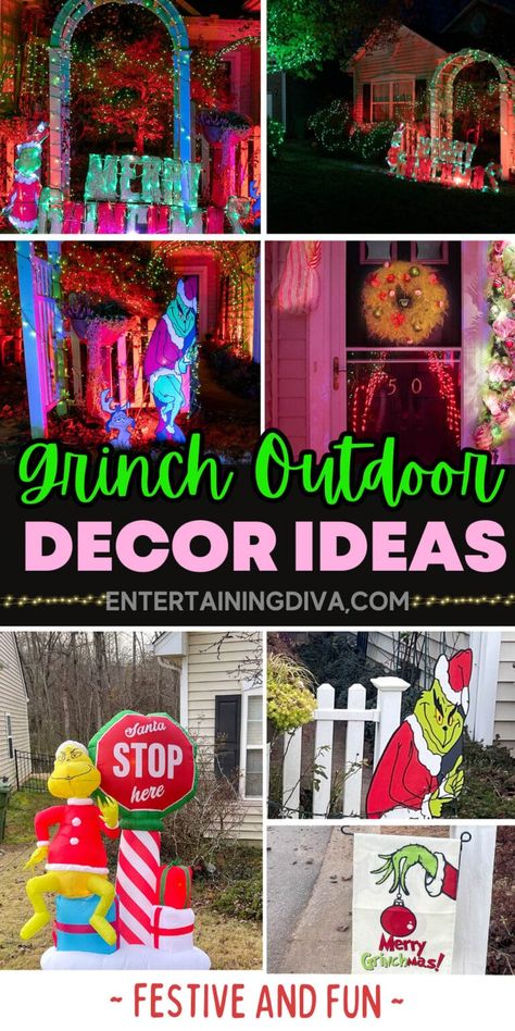 12 Awesome Grinch Outdoor Christmas Decor Ideas | Grinch Christmas Ideas Grinch Christmas Outdoor, Grinch Outdoor Decor, Grinch Stealing Lights, Christmas Outdoor Decor Ideas, Grinch Yard Decorations, Christmas Textiles, Elf Is Back Ideas, Outdoor Christmas Decor Ideas, Grinch Wreath