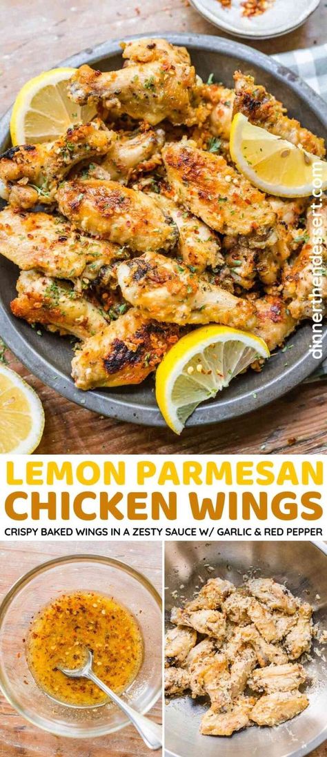 Lemon Parmesan Chicken Wings are the best wings for game day! Crispy baked wings in a lemon garlic parmesan sauce and spicy red pepper flakes. Lemon Parmesan Chicken, Parmesan Wings Recipe, Chicken Wing Sauce Recipes, Chicken Wing Marinade, Best Chicken Wing Recipe, Hot Wing Sauces, Parmesan Wings, Lemon Pepper Chicken Wings, Garlic Parmesan Wings