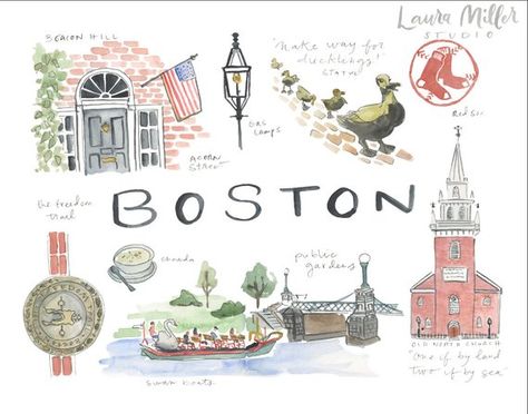 Digital print of original watercolor illustration of Boston vignettes.Available in 8x10, and 11x14 sizes. Printed with archival inks and paper and shipped in a sturdy cardboard mailer inside cellophane. Vignettes Illustration, Boston Sketch, Boston Watercolor, Gallery Wall Themes, Boston Graphic, Watercolor Mini, Boston Poster, Valentines Illustration, Winter Illustration