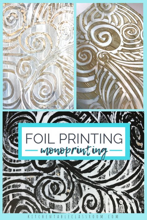 Foil Printing- Easy Monoprints on Foil - The Kitchen Table Classroom Tin Foil Art, Printmaking Projects, Aluminum Foil Art, Foil Prints, Foil Printing, Printmaking Art, Art Curriculum, Elementary Art Projects, Homeschool Art