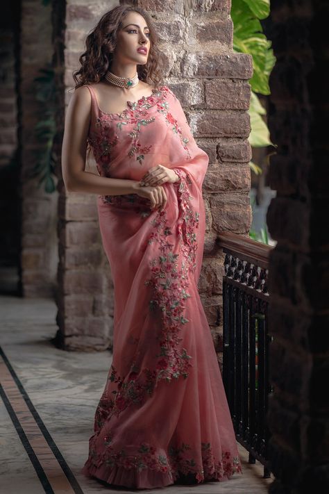 Featuring a peach saree in organza base with thread embroidery. It is paired with a matching blouse and a petticoat.  FIT: True to size. COMPOSITION: Organza. CARE: Dry clean only. Demi Couture, Trending Sarees, Bridal Appointment, Peach Saree, Anushree Reddy, Fancy Sarees Party Wear, Saree Designs Party Wear, Embroidered Saree, Organza Sarees