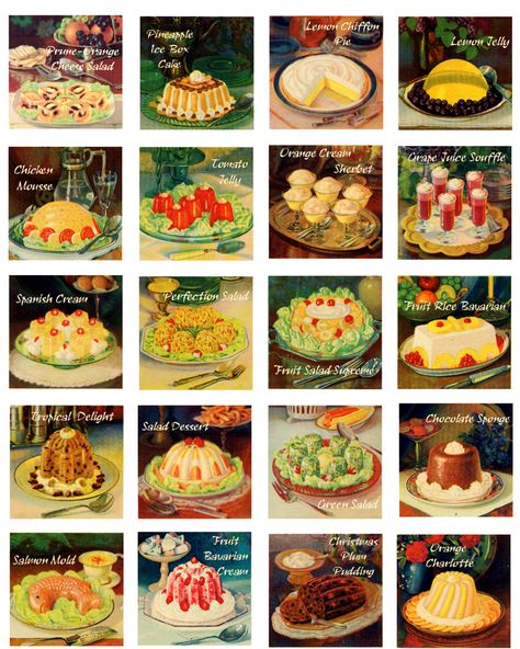 Vintage Recipe Graphics 1930s Food Digital Collage Sheet 20 1.75 inch squares D136 1930s Dinner Party, 1930s Food, Vintage Appetizers, 1930s Life, Retro Food, Appetizer Dishes, Bingo Card, Vintage Cooking, Dinner Party Recipes