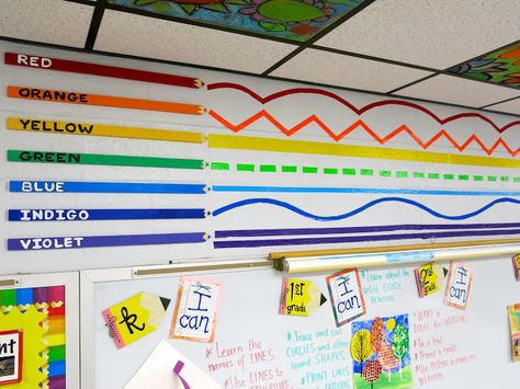 Cassie Stephens: How to Decorate an Art Room: Line and Color Wall! Art Classroom Setup Elementary, Science Bulletin Boards Elementary, Bulletin Boards Elementary, Art Room Rules, Art Classroom Organization, Art Room Doors, Science Bulletin Boards, Adaptive Art, Elementary Art Classroom