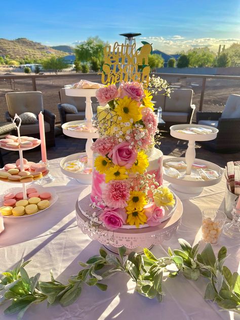 Pink and yellow floral lemon themed baby shower dessert table Pink And Yellow Dessert Table, Yellow And Pink Quinceanera Theme, Pink And Yellow Sweet 16, Pink And Yellow Baby Shower Ideas, Yellow And Pink Baby Shower, Pink And Yellow Birthday Party, Yellow Sweet 16, Champagne Quinceanera Theme, Pink Yellow Party