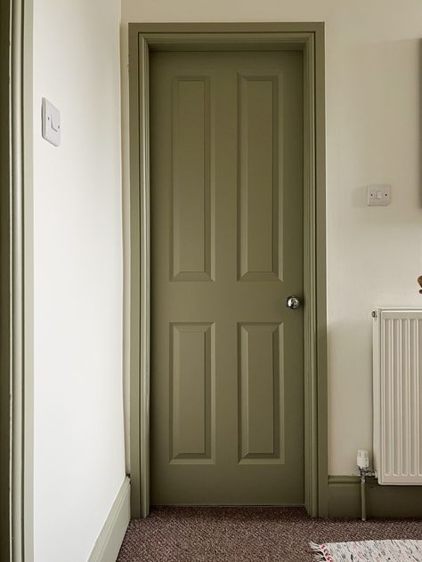 Olive Green Skirting Boards, Coloured Skirting Boards Hallway, Darker Skirting Boards, Beige Hallway Doors, Woodwork Paint Colour, Bedroom Painted Trim, Farrow And Ball Grey Green, Olive Doors Interior, Contrasting Skirting Boards