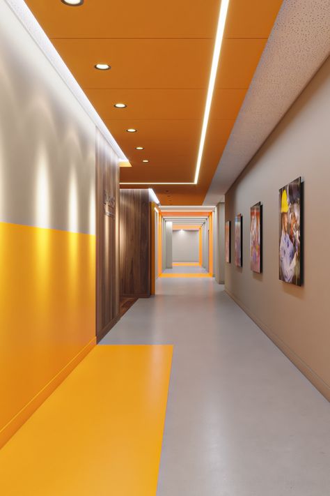 Vibrant pops of color on the walls and ceiling highlight this corporate design for a large European Multinational Company. Sport Office Design, Office Corridor Design, Colorful Corridor, Lobby Ceiling Design, K12 School, School Reception, Locker Shelves, Office Corridor, Corridor Design