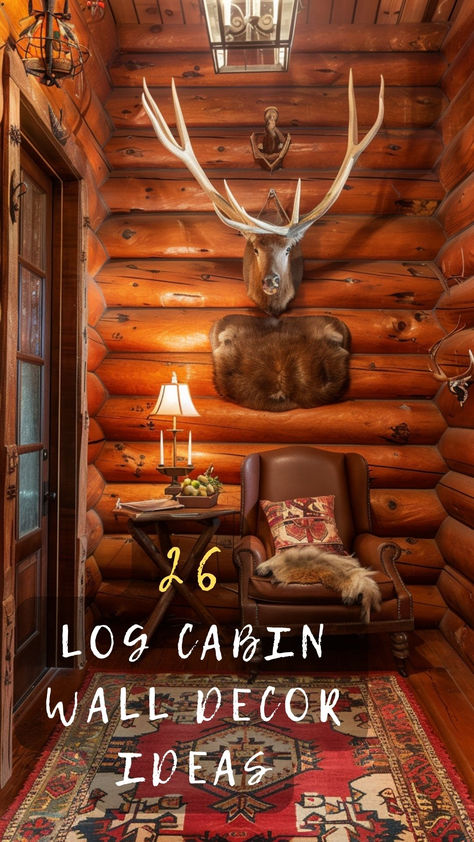 Ready To Redefine Rustic? Click For Log Cabin Wall Decor Ideas That Bring Out The Charm And Elegance Of Your Cabin. 🌲🖼️ #RusticCharm #LogCabinDecor #WallDecor #CabinStyle #InteriorDesign Log Home Lighting Ideas, Hunting Camp Decorating Ideas, Vintage Cabin Decor Living Room, Deer Camp Ideas Hunting Cabin, Cabin Interiors Rustic Decorating Ideas, Cabin Wall Decor Ideas, Log Cabin Walls, Old Cabin Interior, Cabin Chic Decor