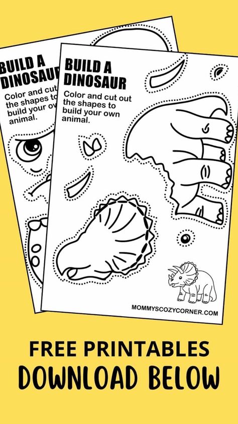 Check out these Free Build Your Own Dinosaur Craft Printables. These build your own craft activity printables are perfect year round. Dinosaur Fossils Activities, Triceratops Activities Preschool, Dino Stem Activities, Build Your Own Dinosaur Craft, All About Dinosaurs Preschool, Dinosaur Suncatcher Craft, Dinosaur Finger Puppets Free Printable, Dinosaur Art For Preschoolers, All About Dinosaurs