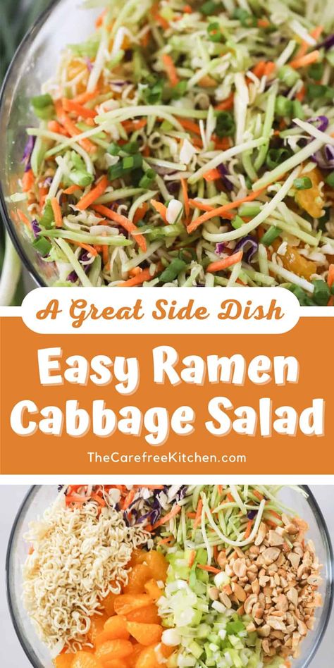 This Ramen Cabbage Salad with a simple soy dressing is packed full of colorful crisp veggies, crunchy ramen noodles, mandarin oranges, and salted cashews. It’s quick and easy, can be made-ahead of time, and perfect for serving to a small family or large crowd. #thecarefreekitchen #salad #asian #ramen #sidedish #dressing #coleslaw #cabbage #cashews Ramen Noodle Salad With Cashews, Healthy Napa Cabbage Recipes, Raman Noodles Cabbage Salad, Ramen Noodle Salad With Mandarin Oranges, Cabbage Salad With Ramen Noodles, Coleslaw With Ramen Noodles, Salad With Ramen Noodles, Ramen Cabbage Salad, Cranberry Applesauce