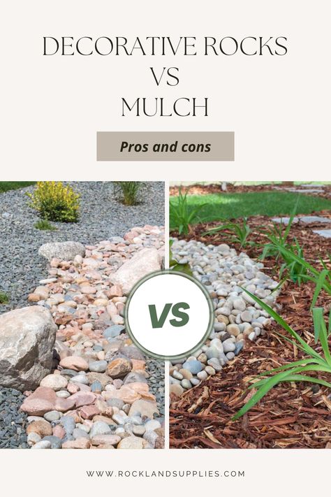 There are many benefits to using mulch in garden beds and then there are times when decorative stone may be best. To know which one is best for your needs and garden goals, we’ve put together the landscaping pros and cons of decorative rocks vs mulch. Rock Instead Of Mulch Flower Beds, Rocks Vs Mulch Landscaping, Mulch To Rock Transition, Mulch Garden Bed, Stone Vs Mulch Landscaping, Stone Mulch Landscaping Ideas, Cedar Mulch Landscaping Ideas, Landscape Mulch And Rock Ideas, Rock Vs Mulch Landscaping