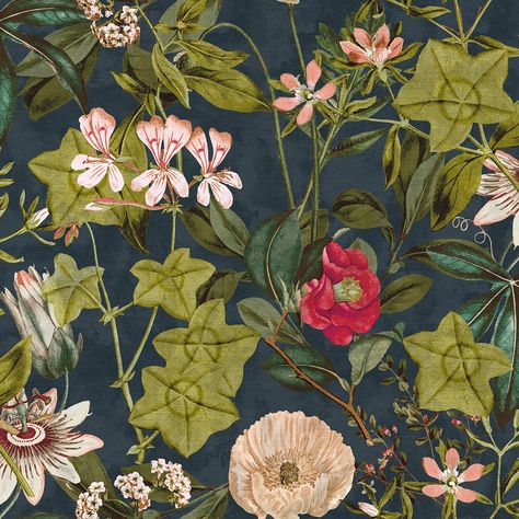 Midnight Red, Clarke And Clarke Fabric, Pencil Pleat, Wallpaper Direct, Deco Floral, Passion Flower, Made To Measure Curtains, Robins, Birds Of Paradise