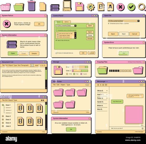 Download this stock vector: Web ui. 90s layout screen elements frame pages banners icons dividers and buttons garish vector ui templates - 2H48RY8 from Alamy's library of millions of high resolution stock photos, illustrations and vectors. Web Browser Aesthetic Template, 2000s Web Design, Web 1.0 Aesthetic, Old Web Design, 90s Website Design, 90s Web Design, Y2k Web Design, 90s Website Aesthetic, Neocities Layouts