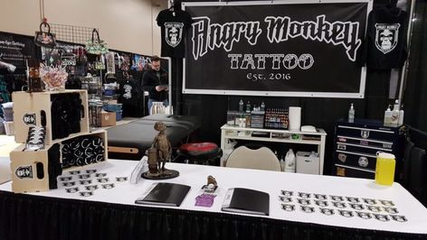 Convention Booth Ideas, Tattoo Convention Booth, Art Festival Booth, Angry Monkey, Convention Booth, Hand Tatto, Monkey Tattoo, Festival Booth, Monkey Tattoos