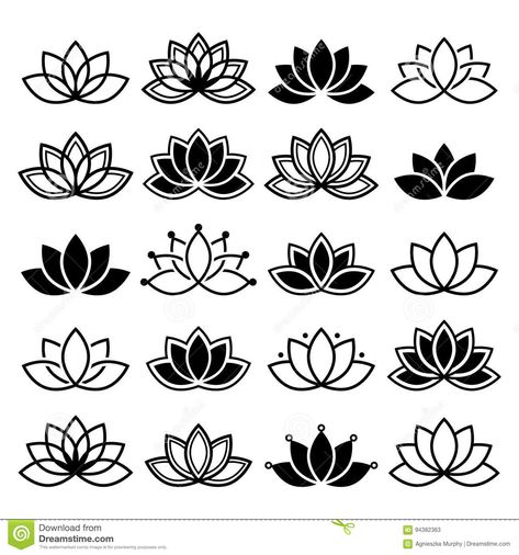 Photo about Black and white lotus flowers icons, different shapes and styles. Illustration of india, geometric, beauty - 94382363 Art Deco Shapes Patterns, Lotus Flower Tattoo For Men, How To Draw A Lotus Flower, Lotus Flower Outline, Lotus Outline, Simple Lotus Flower Tattoo, Geometric Flower Tattoo, Lotus Designs, Lotus Vector