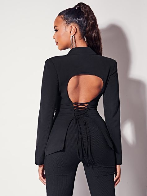 Black Sexy Collar Long Sleeve Fabric Plain Regular Embellished Non-Stretch Women Suits Stylish Business Outfits, Black Blazer Outfit, Black And White Suit, Rihanna Outfits, Women Blazers, 2piece Outfits, Blazer Outfits For Women, Elegant Outfit Classy, Woman Suit Fashion