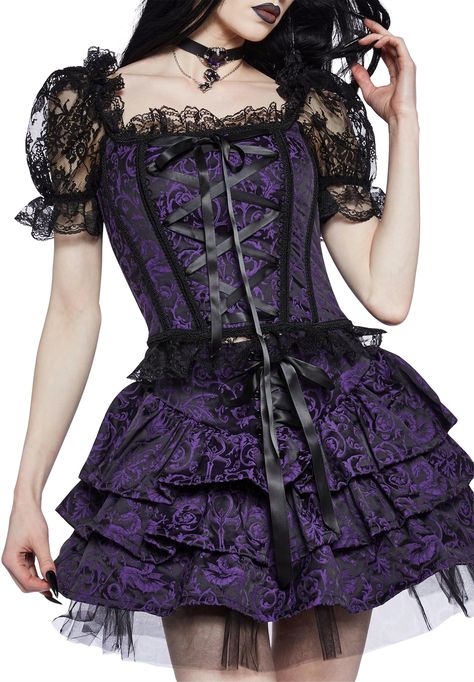 This evening might just be the one where I fall for you. Featuring a satin brocade design, this corset is adorned with sheer puff sleeves and delicate lace trim at the cuffs. It boasts a square neckline and hem, a satin ribbon lace-up detail at the front, and a convenient zipper closure at the back. Gothic Mini Skirt, Alternative Fashion Purple, Elissabat Monster High Costume, Elissabat Costume, Elissabat Outfit, Elissabat Cosplay, Gothic Nightgown, Costume Design Halloween, Purple Goth Outfits