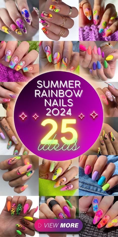 2024 Summer Rainbow Nails: Bright Designs & Neon Pastel Ideas French Tip Nails With Design Glitter Ombre Art Ideas, Bright Ombre Nails Summer, Short Rainbow Nails, Summer Rainbow Nails, French Tips Glitter, Nails With Cat Eye, Nails With Cat, Nail Designs Summer Neon, Long Nail Ideas