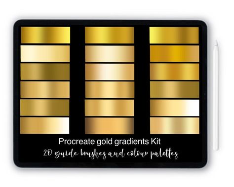 10 Best Free Procreate Metallic, Gold & Silver Color Palettes Silver Color Palette, Pencil For Ipad, Gold Hex, Gold Drawing, Lettering Guide, Hard Words, Free Procreate, Metallic Gold Color, Planner Stamps