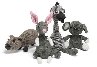 Crochet wombat, emu, koala, bilby pattern by Janine Tsakisiris available through Lincraft Crochet Figures, Australian Gifts, Crochet Jewellery, Animals Crochet, Popular Series, Australian Animals, Crochet Toys Patterns, Corner Designs, Amigurumi Free Pattern